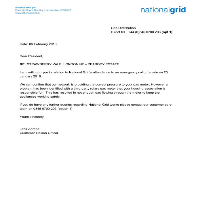 National Grid letter